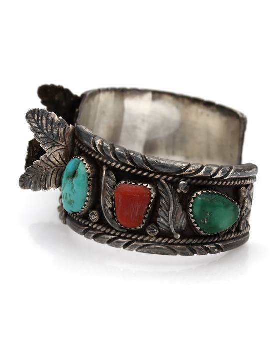 Vintage Navajo Sterling Silver Turquoise Watch Cuff Bracelet signed J. TSO